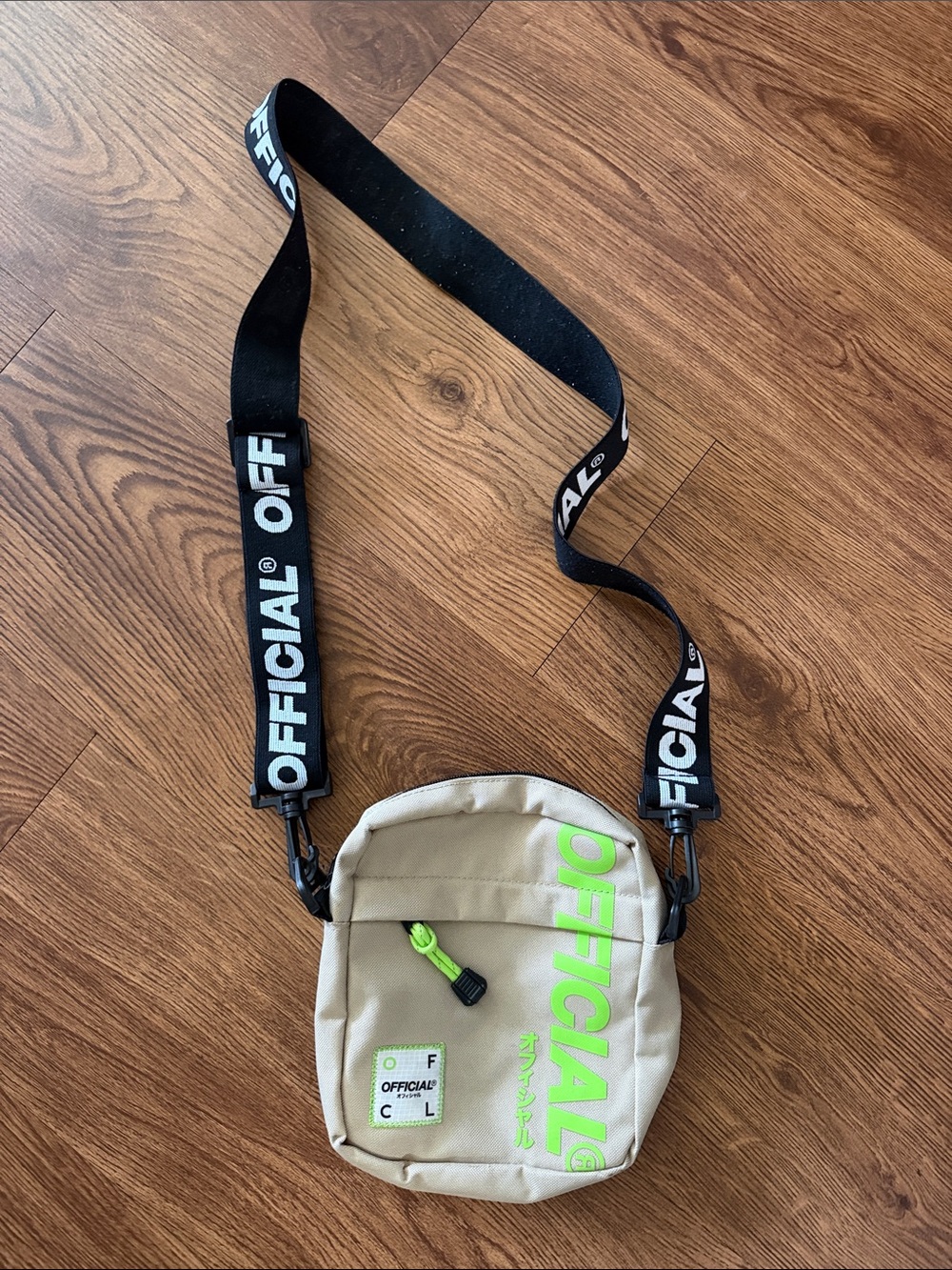 Official Beige Crossbody Bag with Neon Green Accents